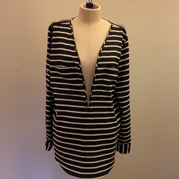 Calvin Klein Black and White Stripe Blouse Size L Pockets Zip Front Roll Sleeves - Picture 11 of 11